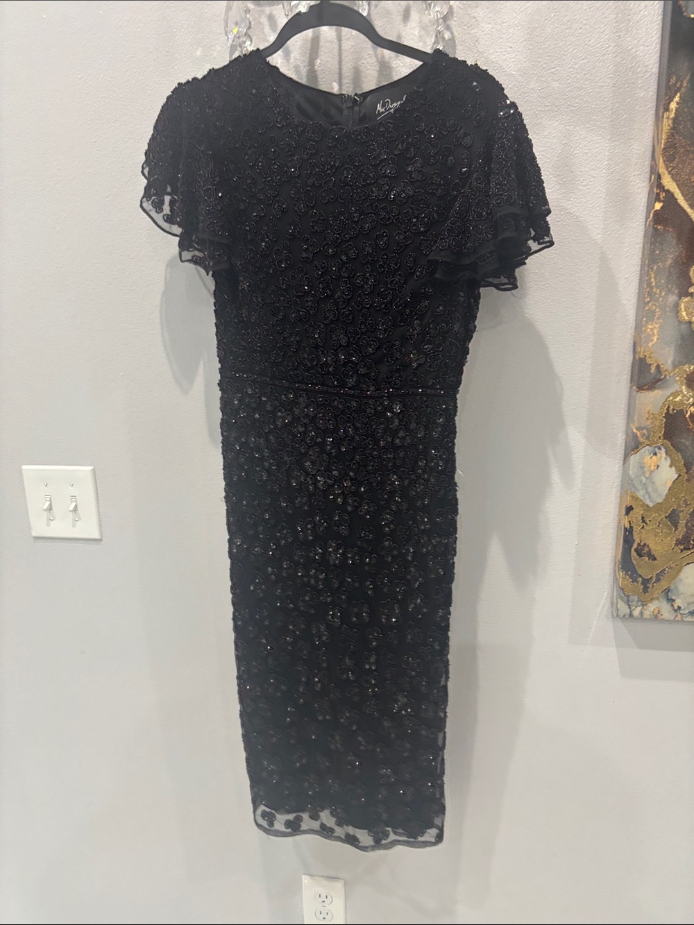 Adrianna Papell Black Beaded Midi Dress with Flutter Sleeves
